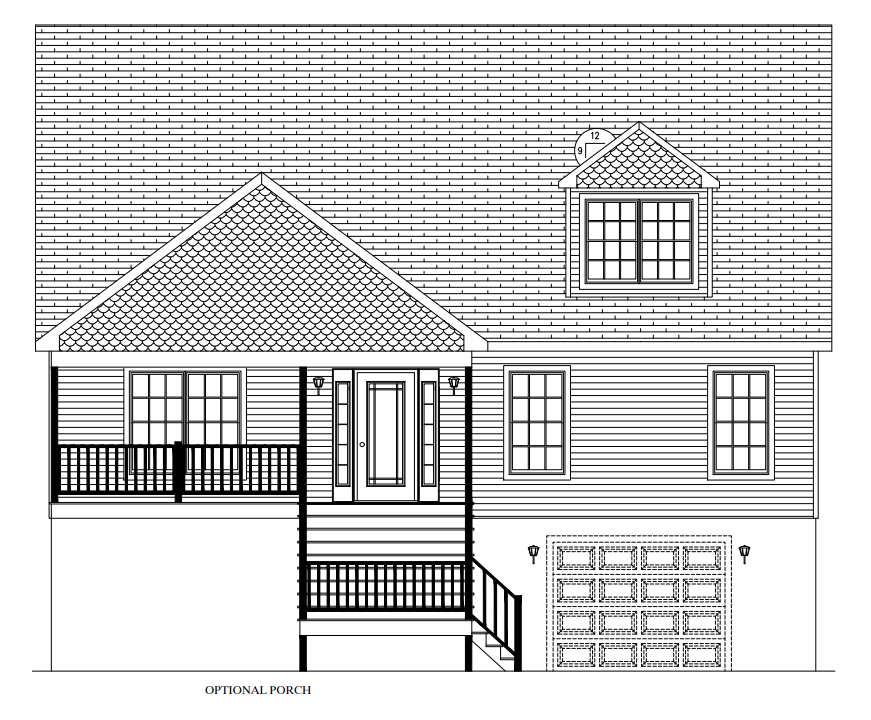 Black-and-white architectural drawing of a two-story house with porch, dormer, and garage.