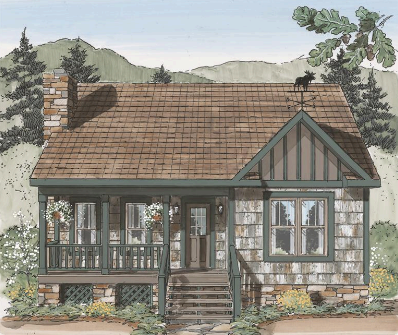 Small rustic cottage with a front porch, gabled roof, and stone chimney amid trees and hills.