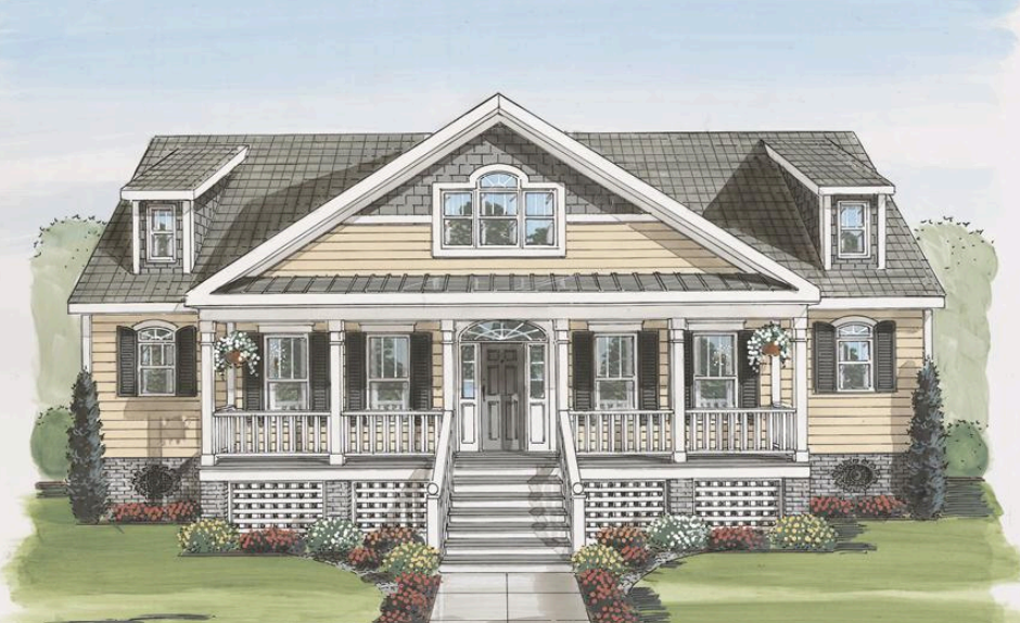 Front view of a beige house with white trim, a porch, steps, and a central gable above the entrance.