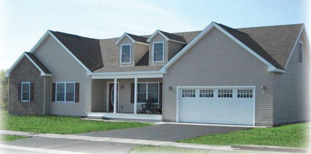 Suburban single-story house with beige siding, gray roof, and a two-car garage.