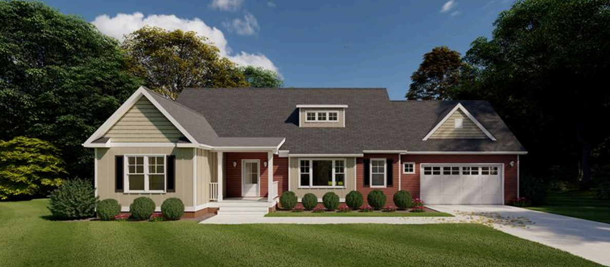 Front view of a beige house with white trim, a porch, steps, and a central gable above the entrance.