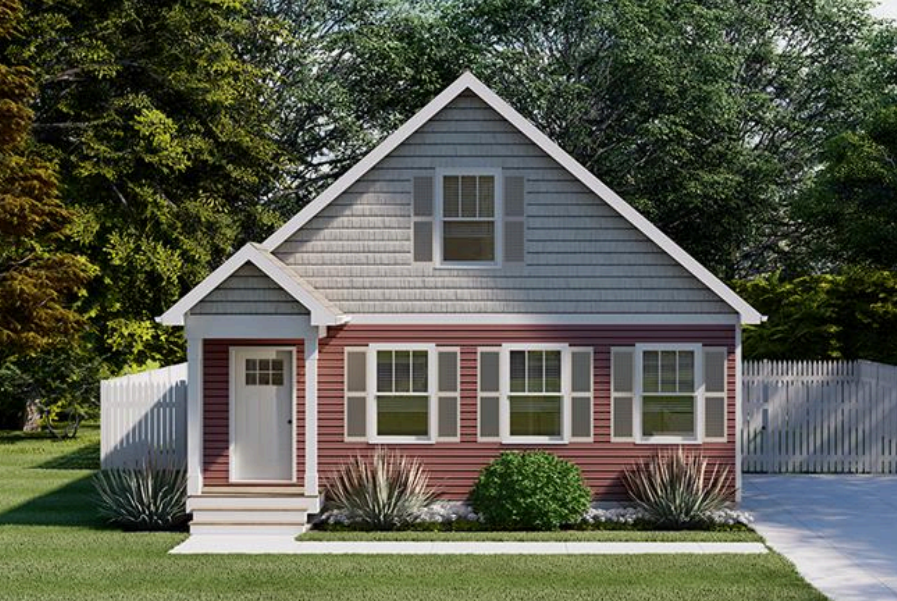 Suburban single-story house with beige siding, gray roof, and a two-car garage.