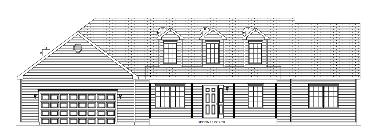 Black-and-white architectural drawing of a two-story suburban house with attached garage.