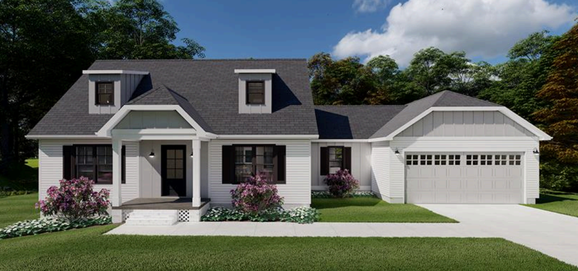 Suburban house with gray roof, white siding, front porch, flowers, and attached garage.