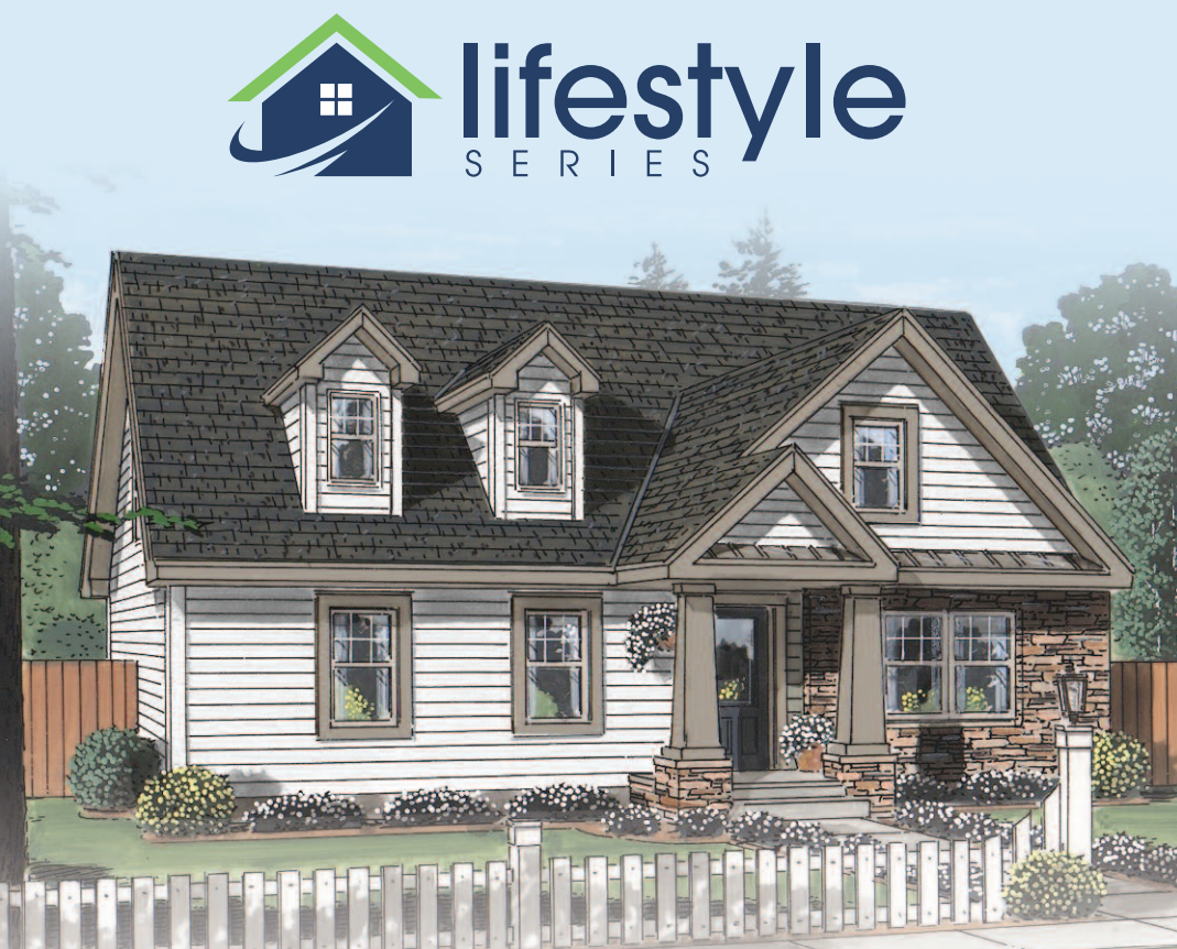 Logo for Lifestyle Series above a watercolor-style cottage house with white siding and dark roof.