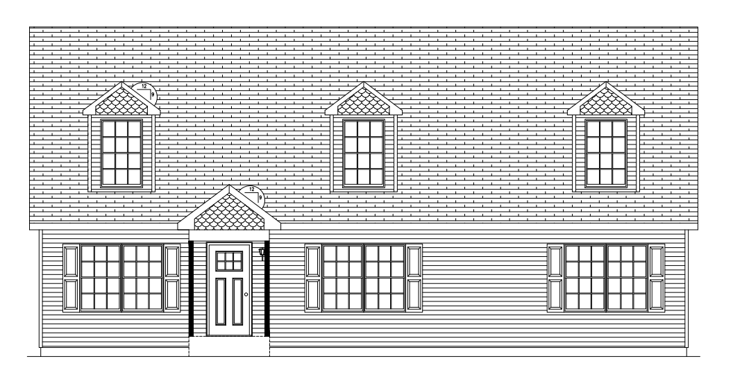 Black-and-white architectural drawing of a two-story house facade with windows, door, and roofline.