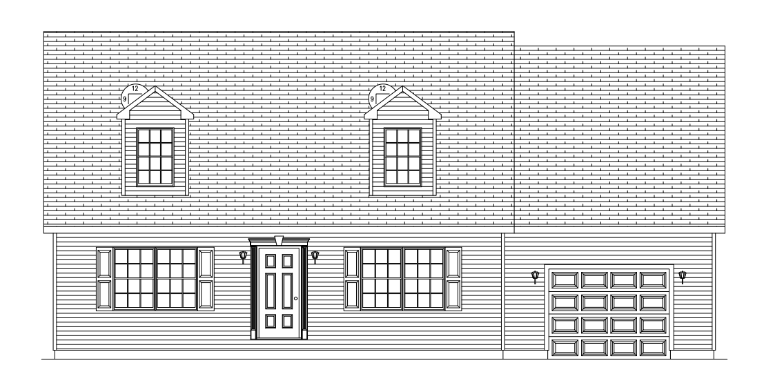 Front view of a house exterior with siding, roof shingles, two dormer windows, door, windows, and garage door.