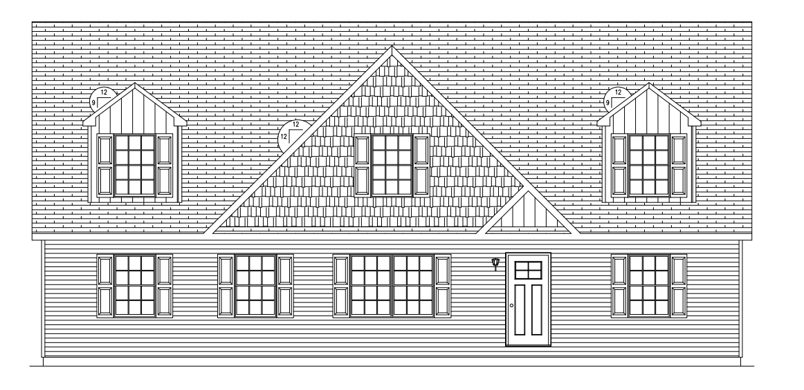 Black-and-white architectural drawing of a two-story house facade with windows, door, and roofline.