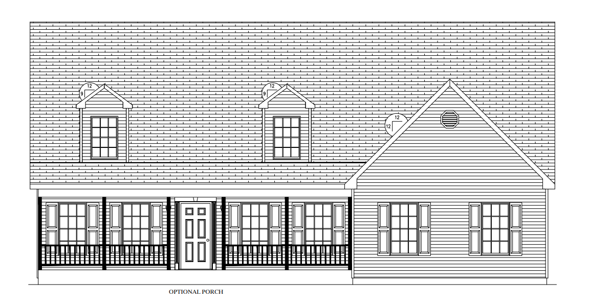 Architectural elevation of a two-story house with porch, dormer windows, and gabled roof.