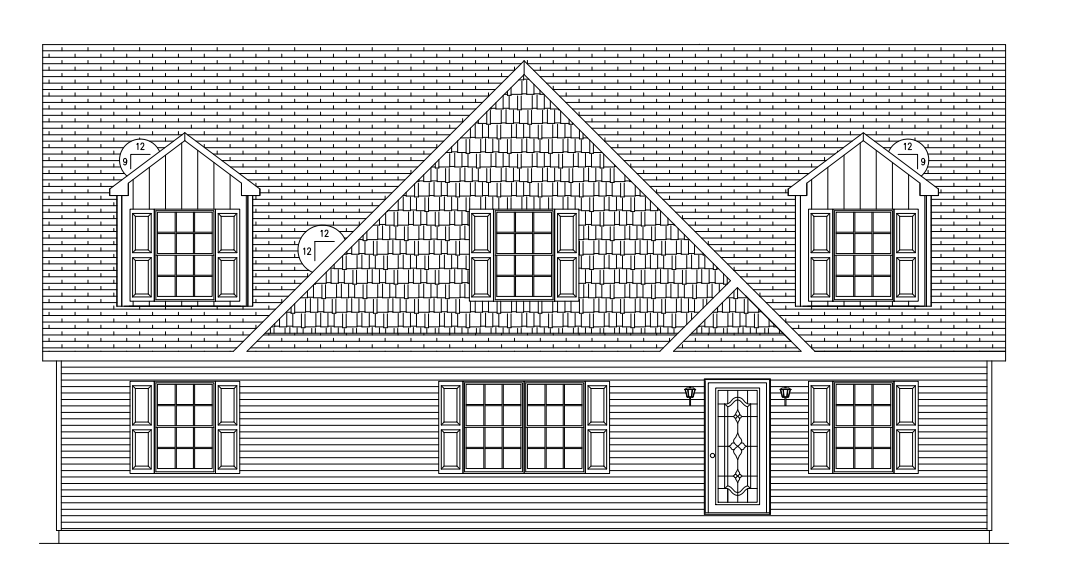Architectural elevation of a house with a large front gable, windows, and centered doorway.