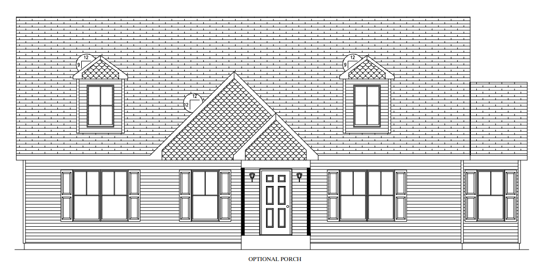 Front elevation architectural drawing of a house with a central entrance, windows, and gabled roof.