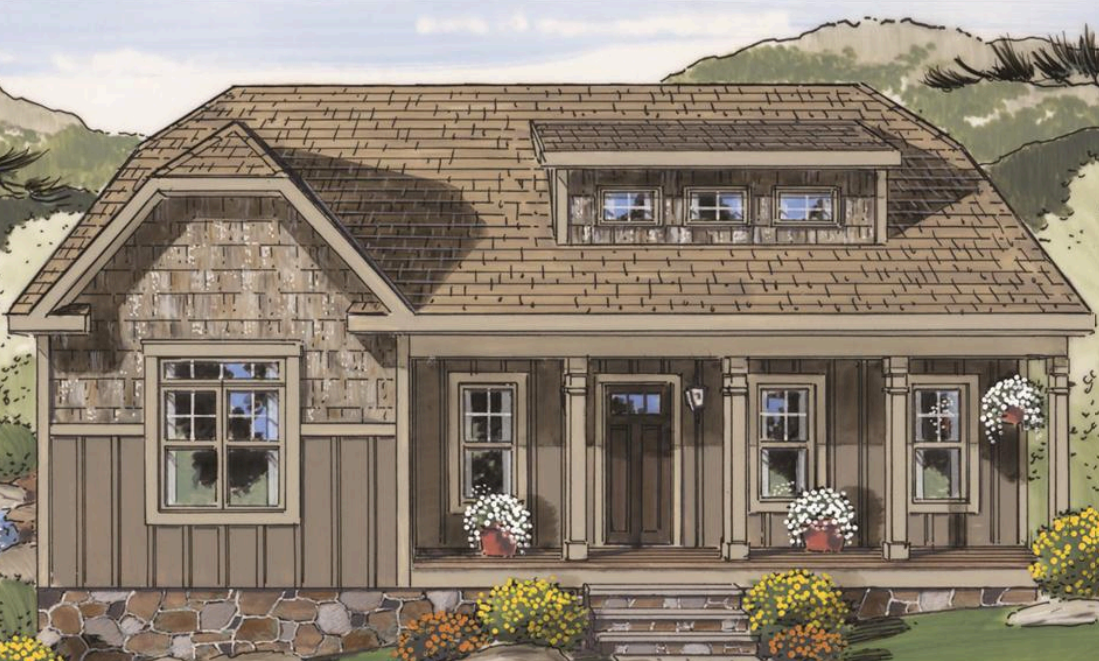 Illustrated gray shingled cottage with front porch, flower boxes, and mountain backdrop.
