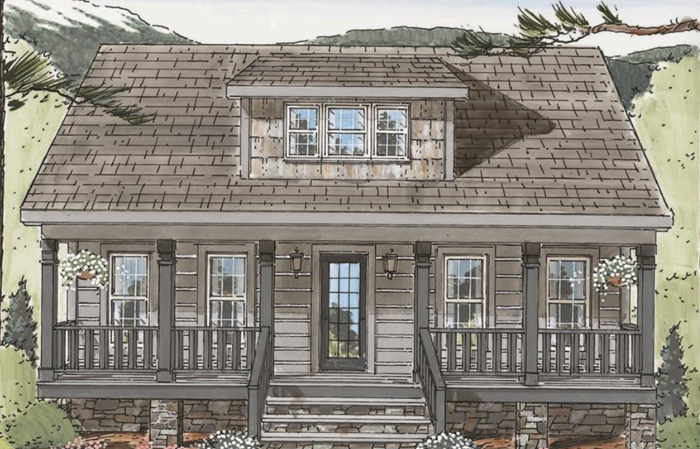 Front view of a gray two-story house with a wraparound porch and dormer windows.