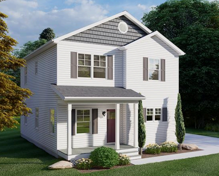 White two-story suburban house with gray shutters, front porch, and landscaped yard under green trees.