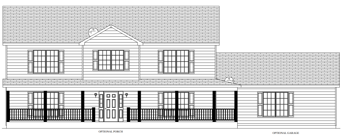 Black-and-white architectural elevation of a house exterior with porch, windows, and rooflines.