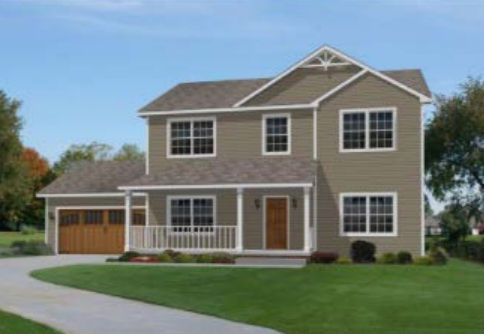 Suburban two-story gray house with attached garage and green lawn under a clear sky.