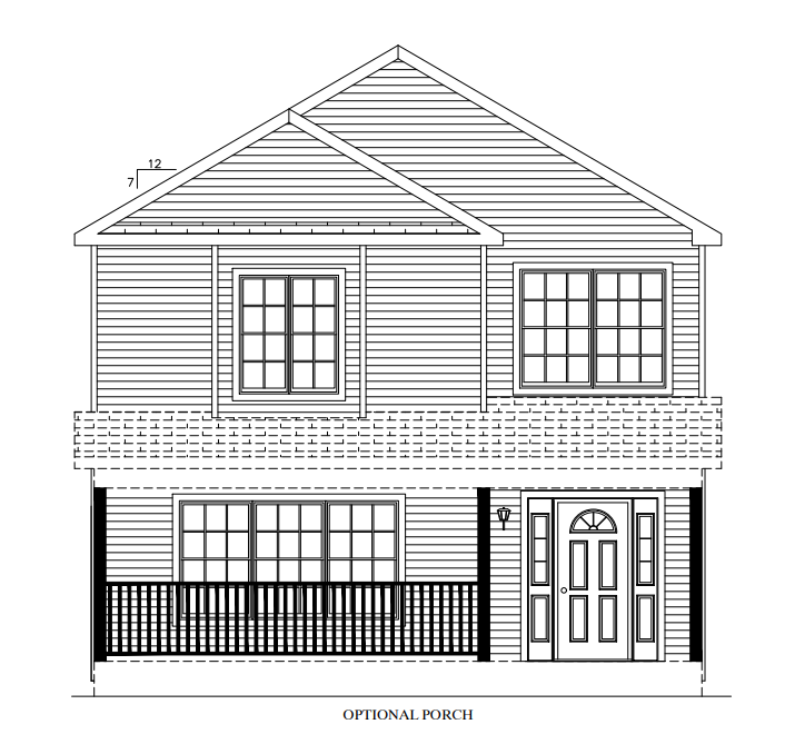 Front elevation architectural drawing of a two-story house with porch and multiple windows.