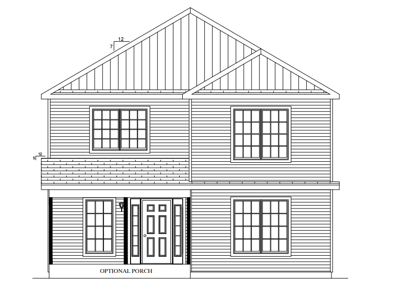 Front elevation of a two-story house with a porch, gabled roof, and large windows.