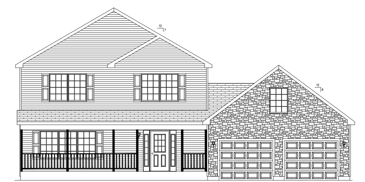 Line drawing of a two-story house with a front porch and attached garage, shown in black and white.