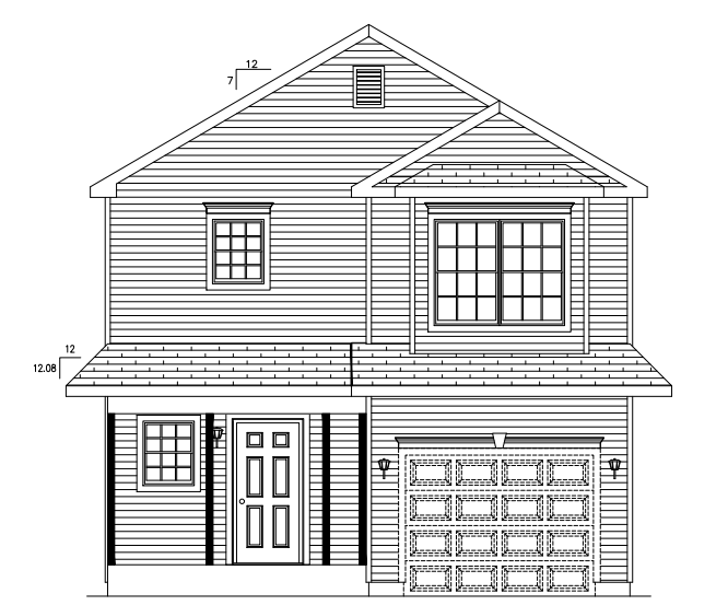 Front view of a two-story house with garage, gabled roof, and horizontal siding.