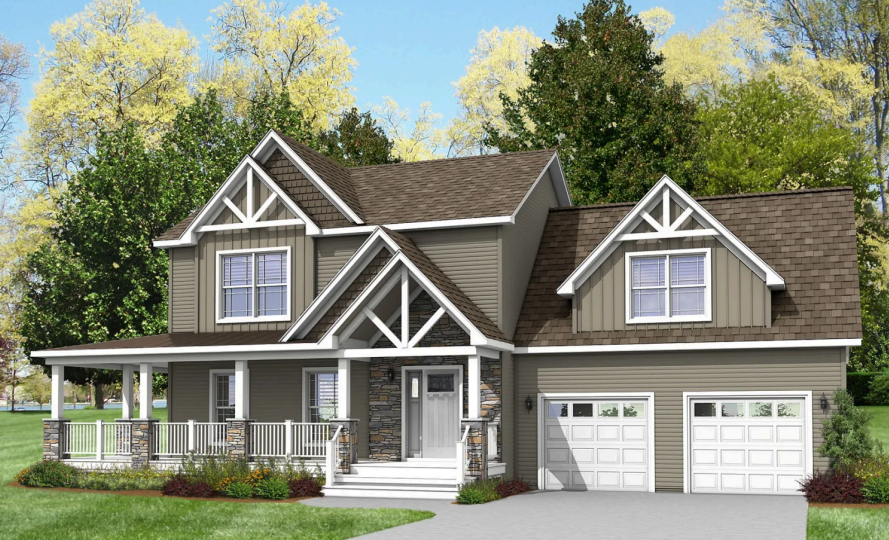 Two-story suburban house with gray siding, white trim, front porch, and two-car garage.