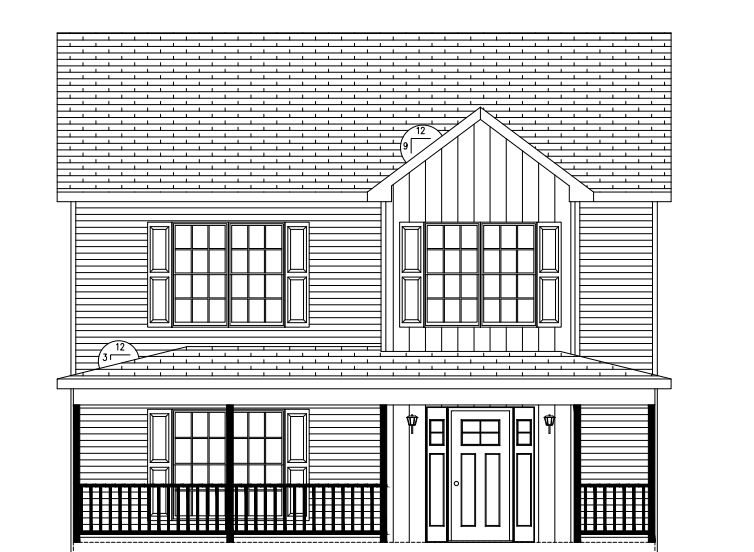 Black-and-white drawing of a house front with porch, windows, door, and roof details.