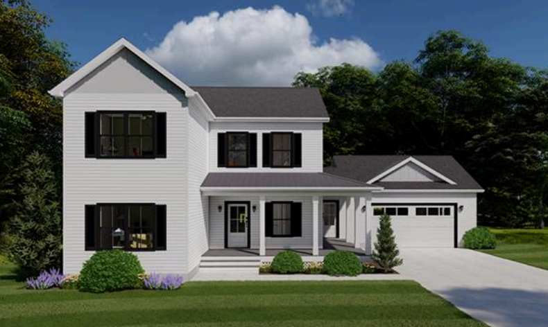 Modern two-story white house with black shutters, front porch, garage, and green lawn under a cloudy sky.