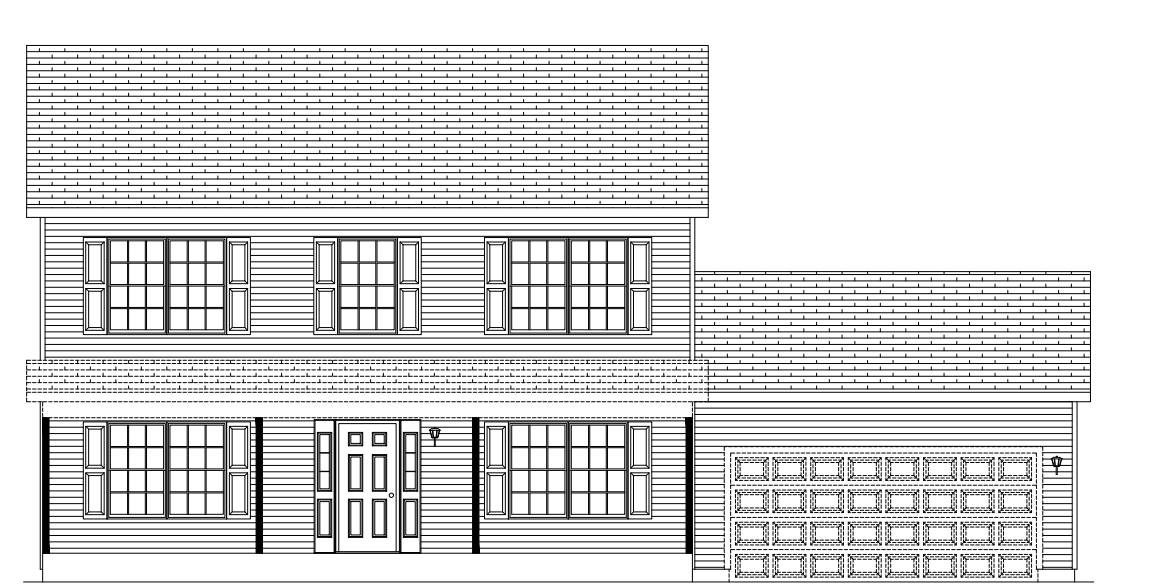 Black-and-white architectural elevation of a two-story house with front porch, windows, and garage door.