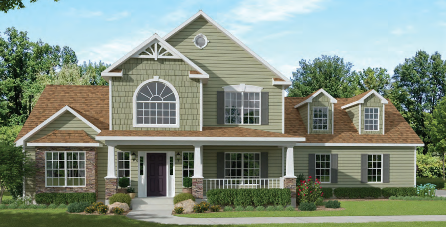 Large green suburban house with a brown roof, white trim, and a front porch.