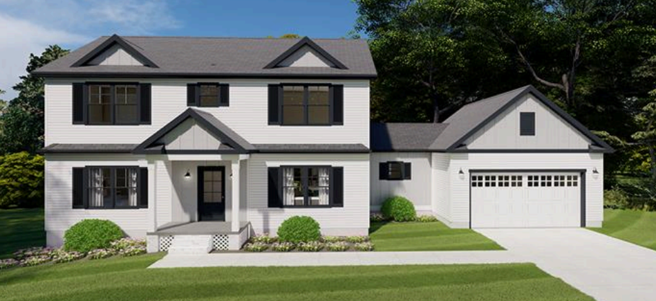 Two-story white house with black shutters, front porch, and attached two-car garage under a blue sky.