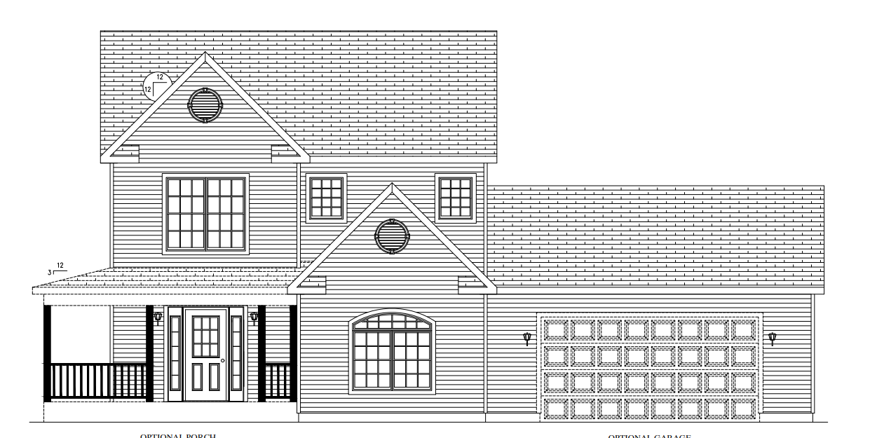 Front elevation of a two-story house with porch, gabled roof, and attached garage sketch.