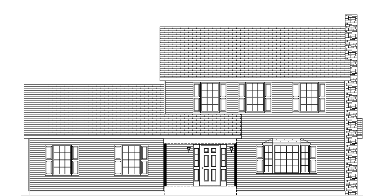 Black-and-white architectural elevation of a two-story house with multiple windows and shutters.