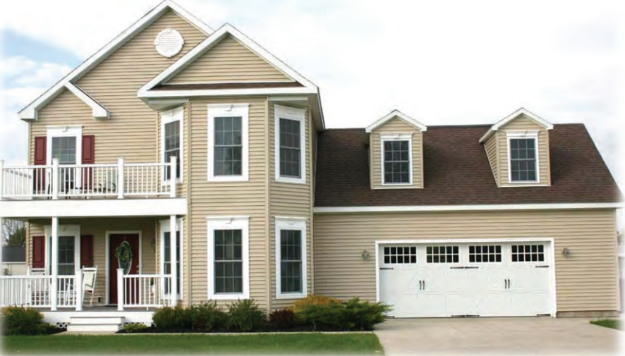 Two-story beige suburban house with white trim, front porch, and attached two-car garage.