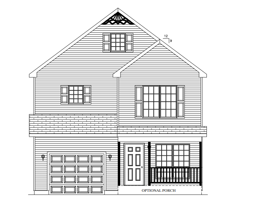 Front view architectural drawing of a two-story house with garage and porch railing.