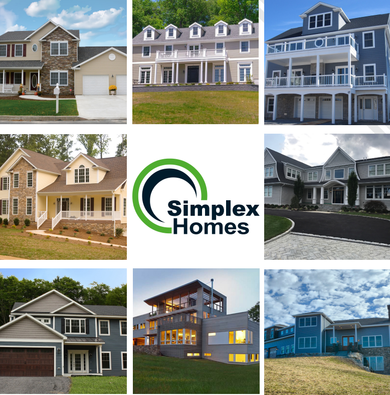 Collage of modern house exteriors with a Simplex Homes logo in the center.