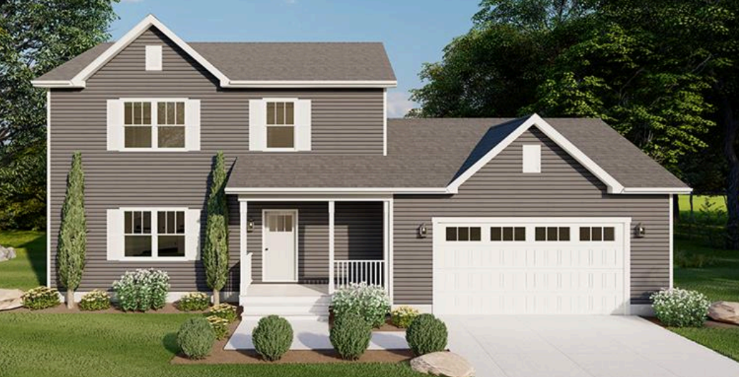Two-story gray suburban house with white trim, front porch, and attached garage surrounded by landscaping.