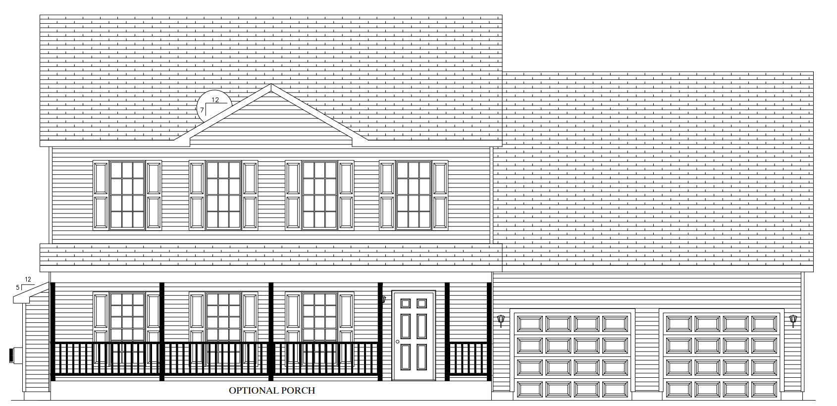 Front and side elevation drawings of a house with garage, windows, and roof details.