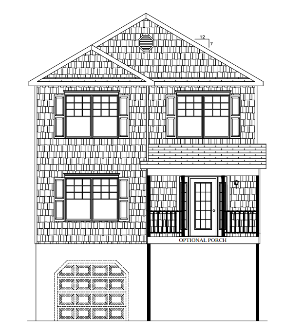 Black-and-white architectural front elevation of a two-story house with garage and porch.