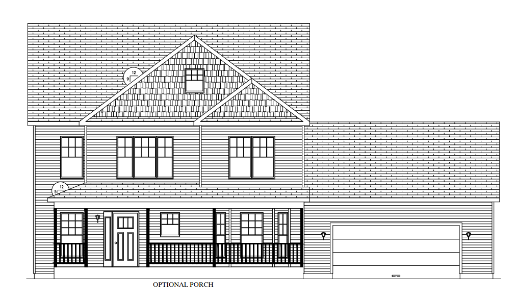 Two-story gray suburban house with white trim, front porch, and attached garage surrounded by landscaping.