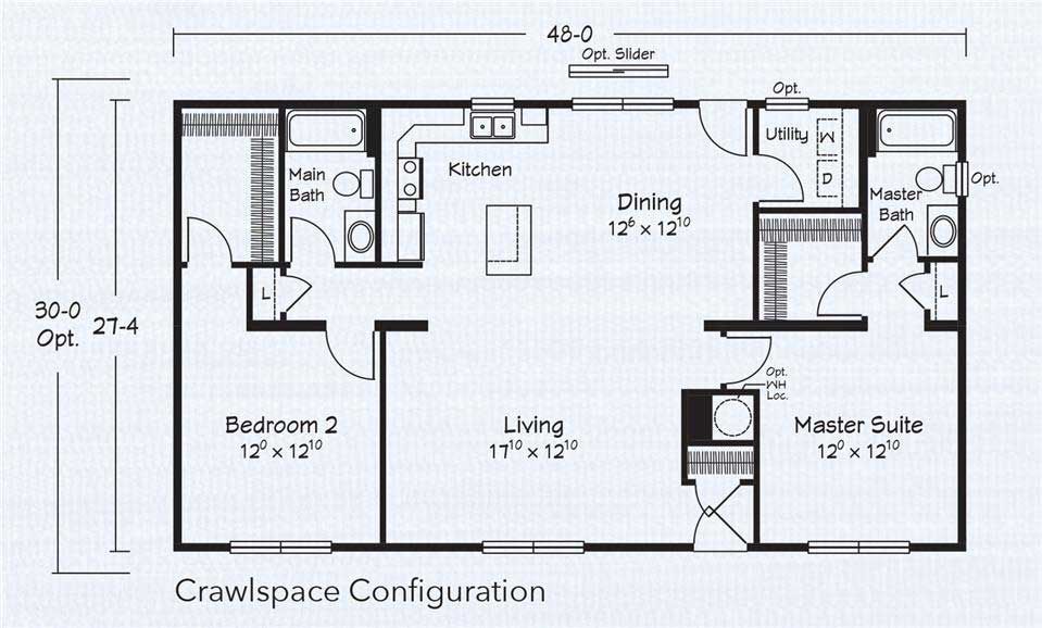 Floor plan of a house with living, dining, kitchen, 2 bedrooms, and 2 bathrooms, showing crawlspace configuration.