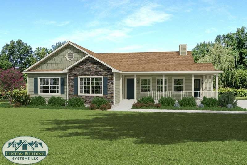 Ranch-style house with stone and siding facade, covered porch, and green lawn under a blue sky.