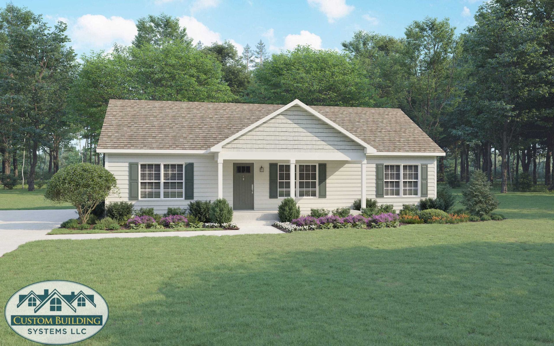 Small beige house with brown roof and landscaping.
