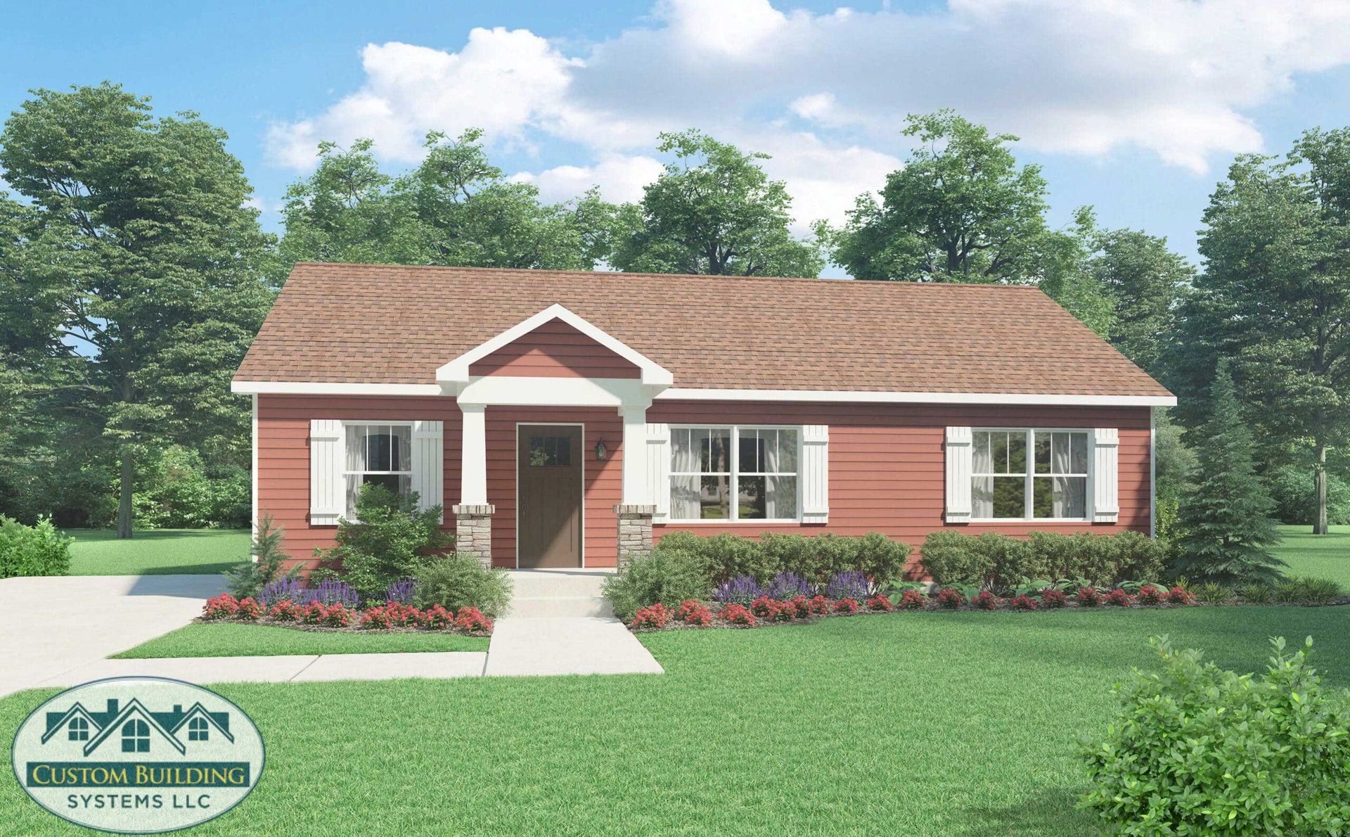 Red house with white trim, brown roof, and small front yard with bushes and flowers.
