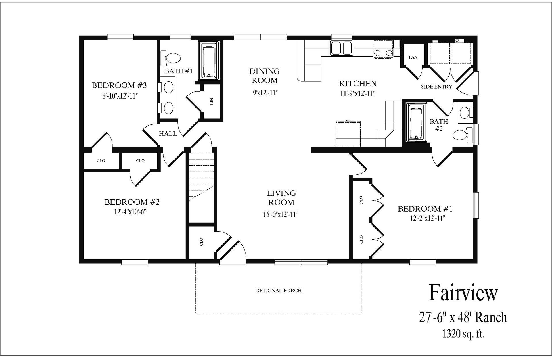 Floor plan of a ranch-style house; shows bedrooms, living areas, kitchen, and bathrooms.
