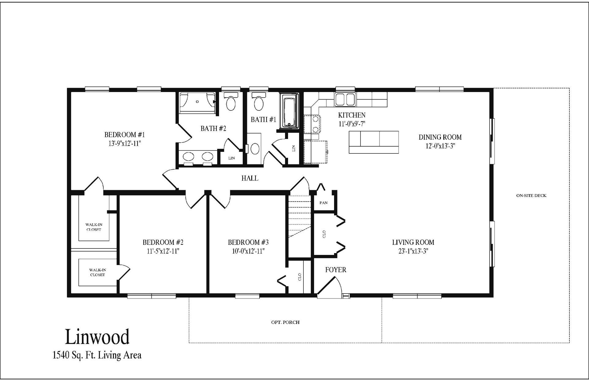 Floor plan of a house with three bedrooms, two bathrooms, a kitchen, and a living room.