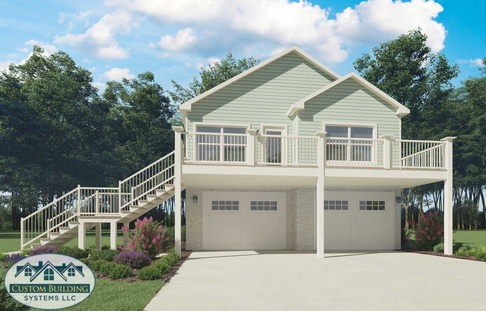 Two-story house with light blue siding, white garage doors, and a deck with stairs.
