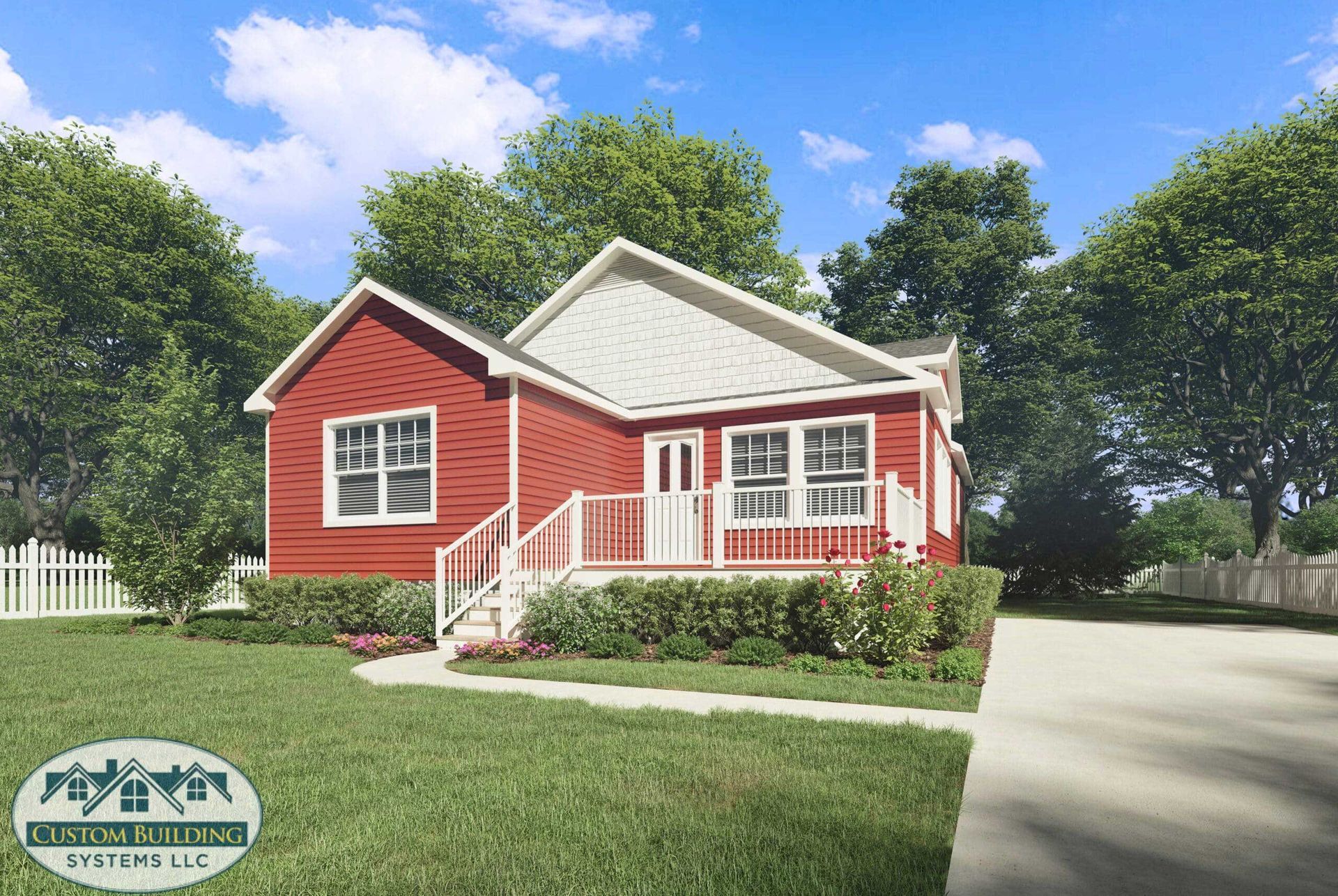 Red house with white trim, porch, and picket fence, set on a green lawn with trees.