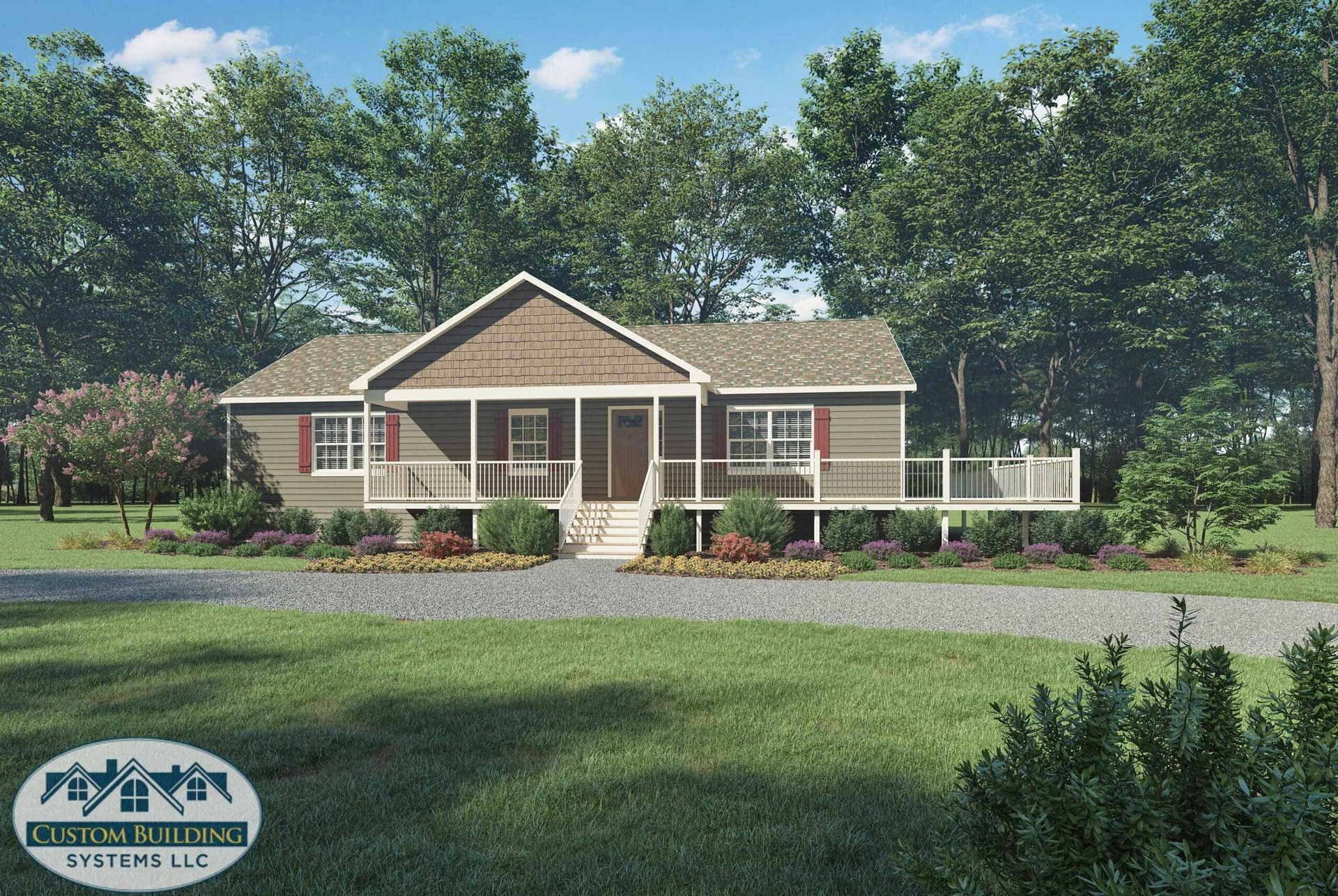 Ranch-style house with porch and deck, surrounded by trees and greenery.