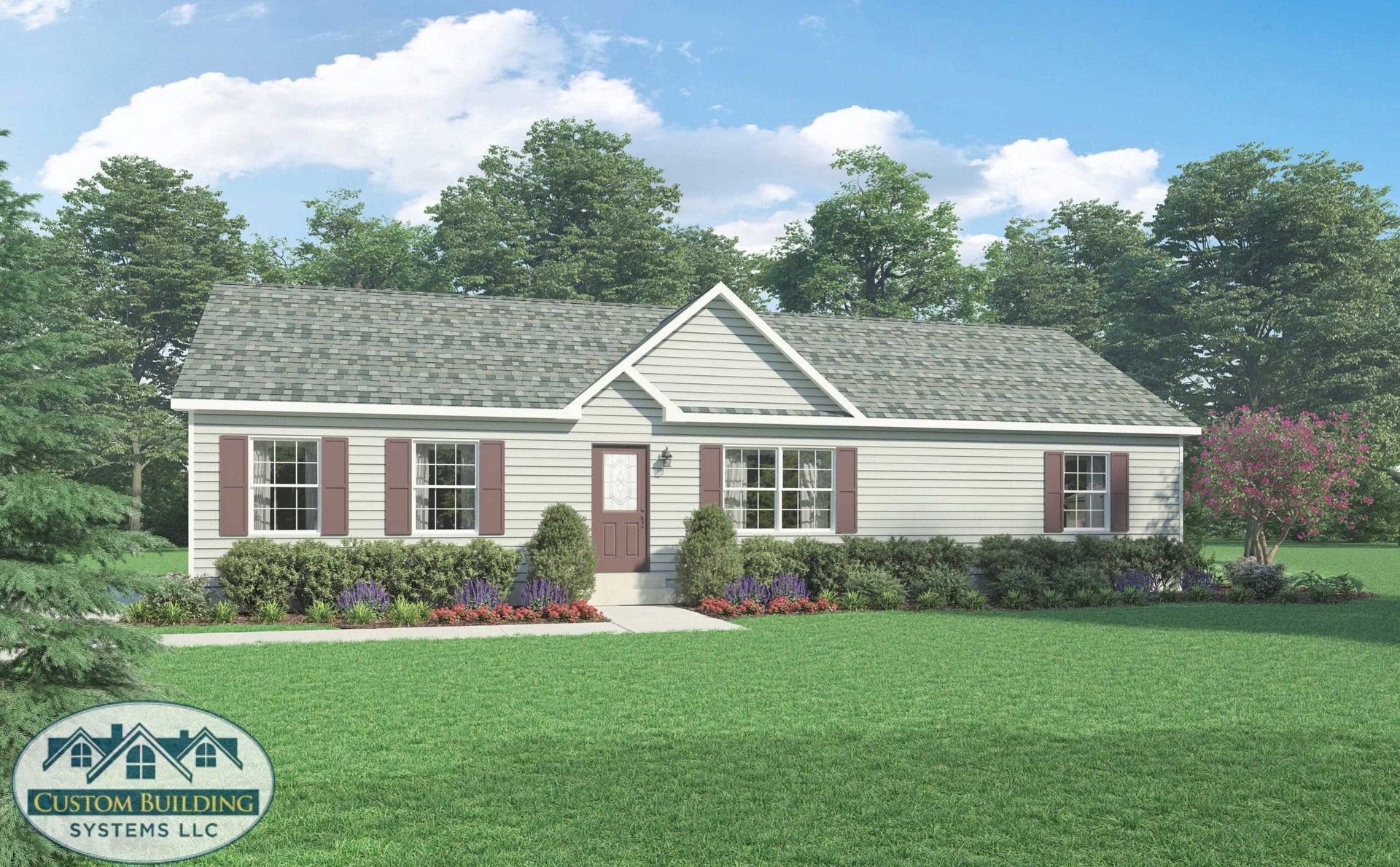 Ranch-style house with gray siding, shutters, and roof; green lawn and shrubs, blue sky in background.