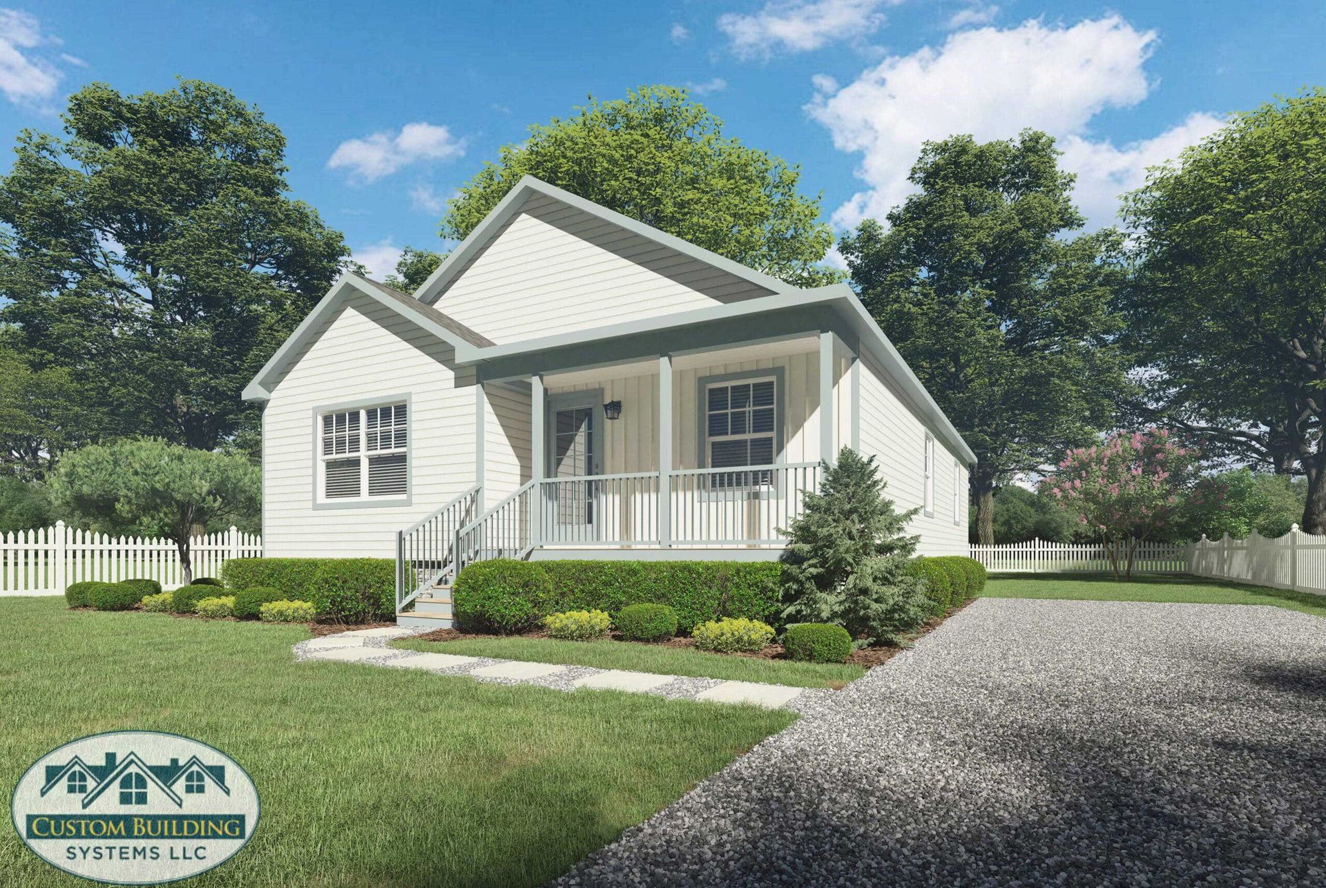 White house with a small porch, green lawn, gravel driveway, and trees.